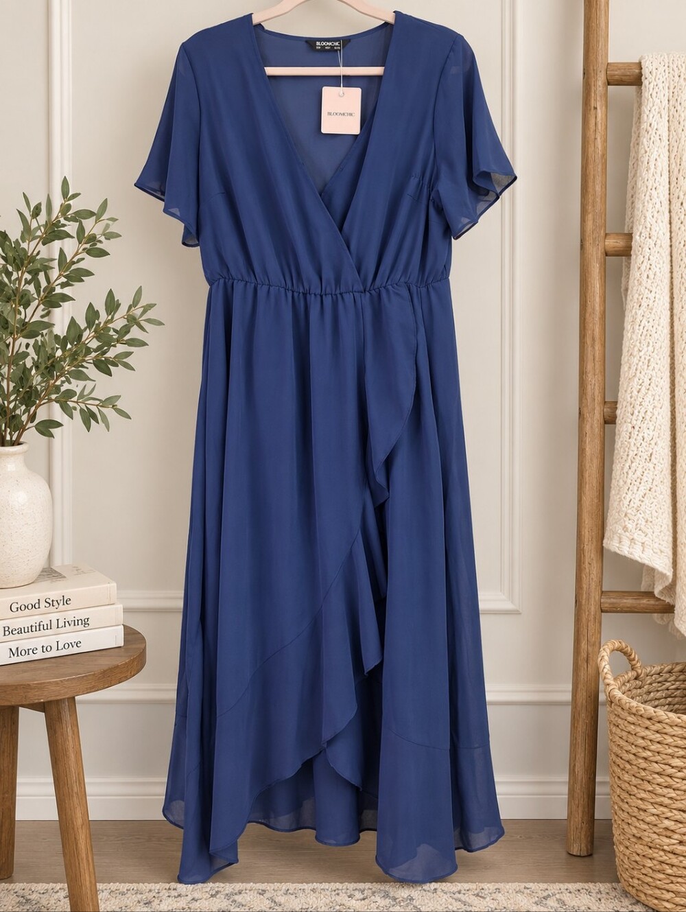 BloomChic NWT Size 12 Navy Blue Ruffle Wrap Maxi Dress Wedding Guest - Picture 2 of 5